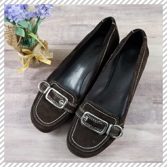 Marc Fisher Shoes - MARC FISHER Brown Suede Buckle Wedge Loafers 6